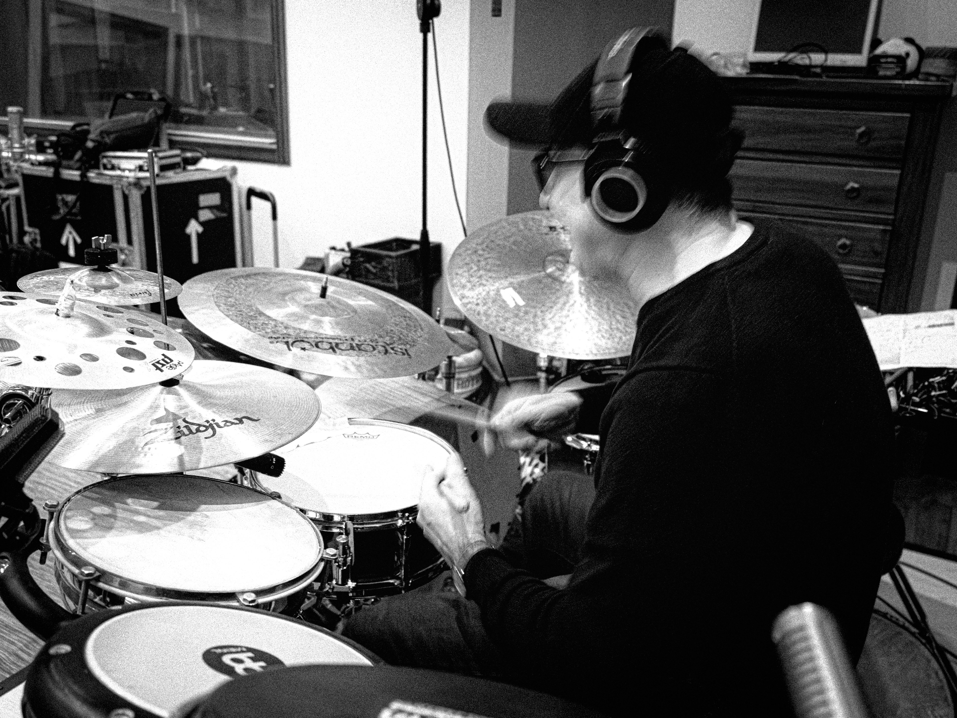 Recording session in the studio, black and white